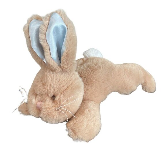Bearington Baby Tan Bunny Rabbit Blue Satin Tummy Plush Rattle Stuffed Animal - Picture 1 of 8